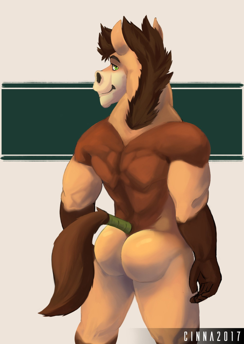 2017 5_fingers abstract_background anthro back_muscles biceps biped brown_eyebrows brown_fur brown_hair brown_tail butt cinnahipster digital_media_(artwork) equine eyebrows fur green_eyes hair hi_res horse looking_at_viewer looking_back male mammal multicolored_fur muscular muscular_male nude owen_dansby pepsi_(fa) portrait rear_view smile solo standing tail_wraps tan_fur three-quarter_portrait wraps