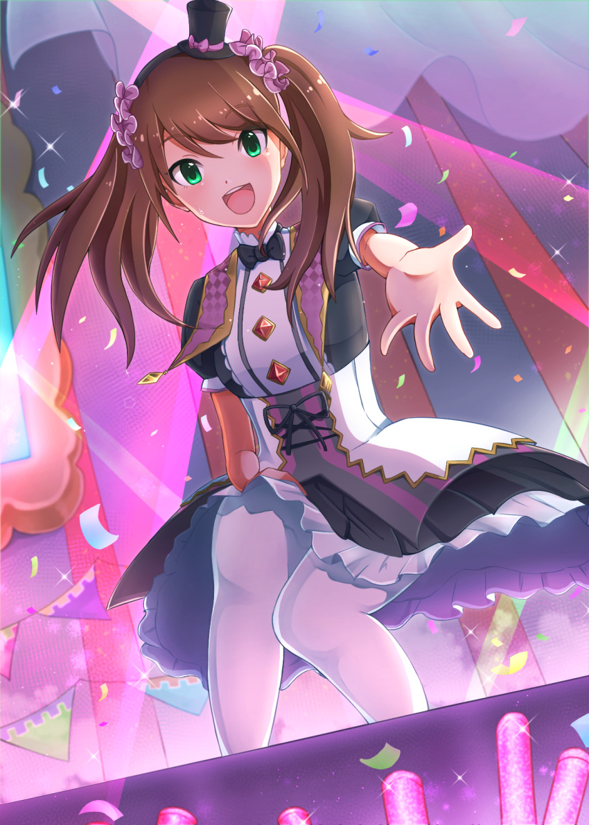 1boy brown_hair card_(medium) character_name crossdressing dress green_eyes hat idol idolmaster_side-m jaki_(n34k) long_hair looking_at_viewer male_focus mini_hat mini_top_hat mizushima_saki open_mouth pantyhose pink_scrunchie reaching_out scrunchie skirt smile solo top_hat trap twintails white_legwear