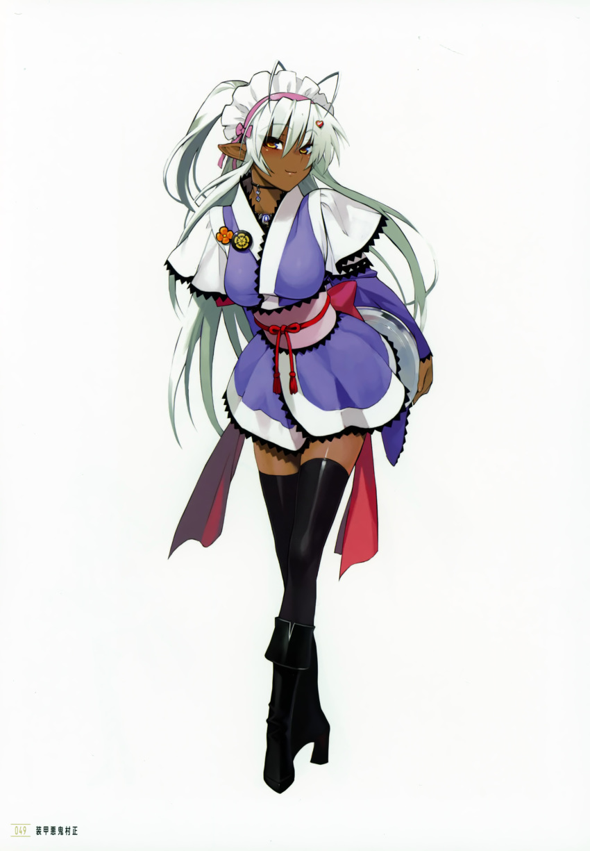 absurdres arms_behind_back bangs black_footwear black_legwear boots breasts brown_eyes dark_elf dark_skin detached_sleeves elf eyebrows_visible_through_hair full_body hair_ornament highres holding japanese_clothes long_sleeves looking_at_viewer maid_headdress medium_breasts namaniku_atk obi official_art page_number pointy_ears sansei_muramasa sash scan simple_background smile solo soukou_akki_muramasa standing thighhighs tray white_background wide_sleeves zettai_ryouiki