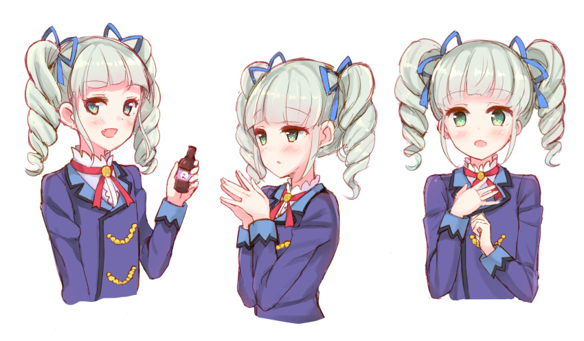 :d :o aikatsu! aikatsu!_(series) bangs blue_jacket blue_ribbon blush bottle drill_hair eyebrows_visible_through_hair fang fingernails glass_bottle green_eyes green_hair hair_ribbon hand_on_own_chest hands_up highres holding holding_bottle jacket long_sleeves looking_at_viewer makiaato multiple_views open_mouth own_hands_together parted_lips ribbon school_uniform shirt simple_background smile starlight_academy_uniform toudou_yurika twin_drills twintails white_background white_shirt