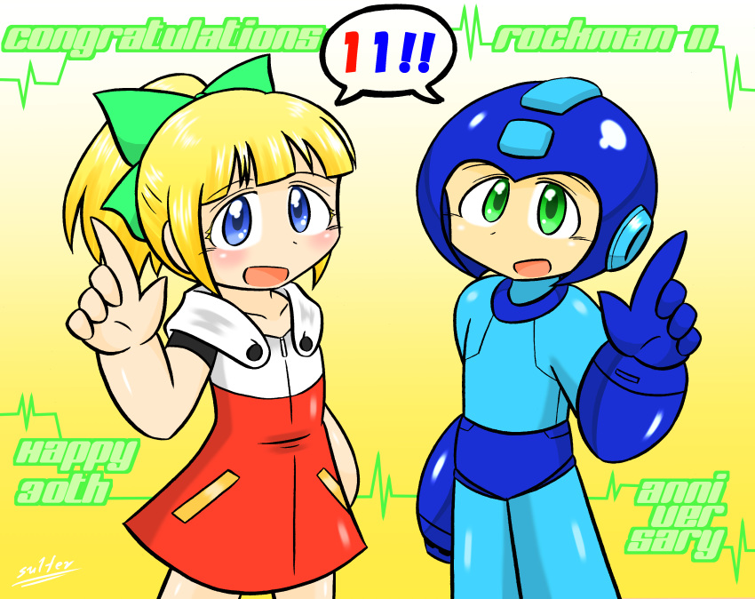 1boy 1girl absurdres anniversary blue_eyes blue_gloves blush copyright_name fringe gloves gradient gradient_background green_eyes hand_gesture helmet hoodie hoodie_dress open_mouth rockman rockman_(character) rockman_(classic) rockman_11 roll sidelocks speech_bubble sulfer text yellow_background