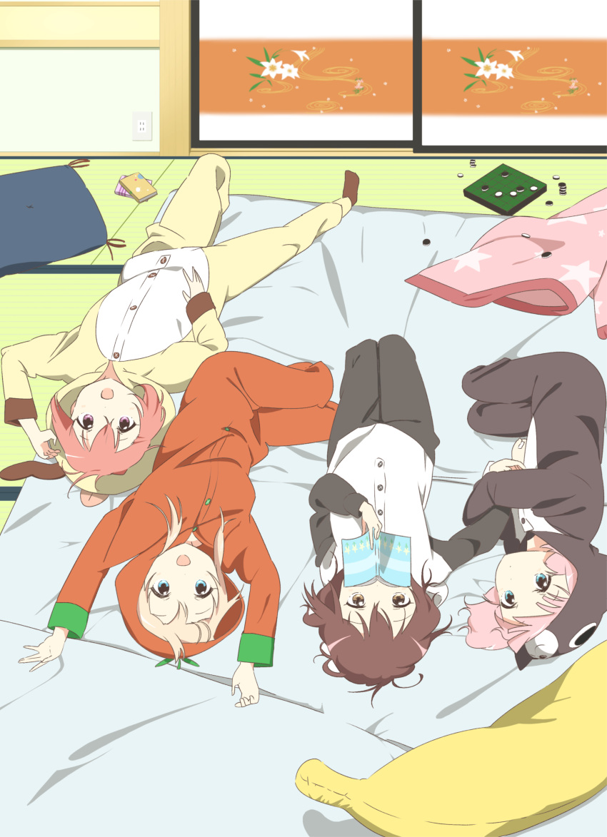 :d absurdres akaza_akari animal_costume blonde_hair blue_eyes board_game book brown_eyes brown_hair buttons cat_costume dog_costume funami_yui highres indoors looking_at_viewer lying multiple_girls ochadzuke on_back open_mouth pajamas panda_costume pillow pink_hair purple_eyes reading red_hair reversi smile tomato_costume toshinou_kyouko yoshikawa_chinatsu yuru_yuri