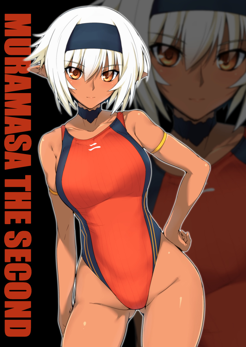 absurdres arm_at_side armlet ass_visible_through_thighs breasts character_name choker closed_mouth commentary_request competition_swimsuit contrapposto cowboy_shot dark_elf dark_skin elf eyebrows_visible_through_hair hair_between_eyes hairband hand_on_hip harukon_(halcon) highres large_breasts light_smile nisei_muramasa one-piece_swimsuit orange_eyes orange_swimsuit pointy_ears solo soukou_akki_muramasa standing swimsuit white_hair zoom_layer