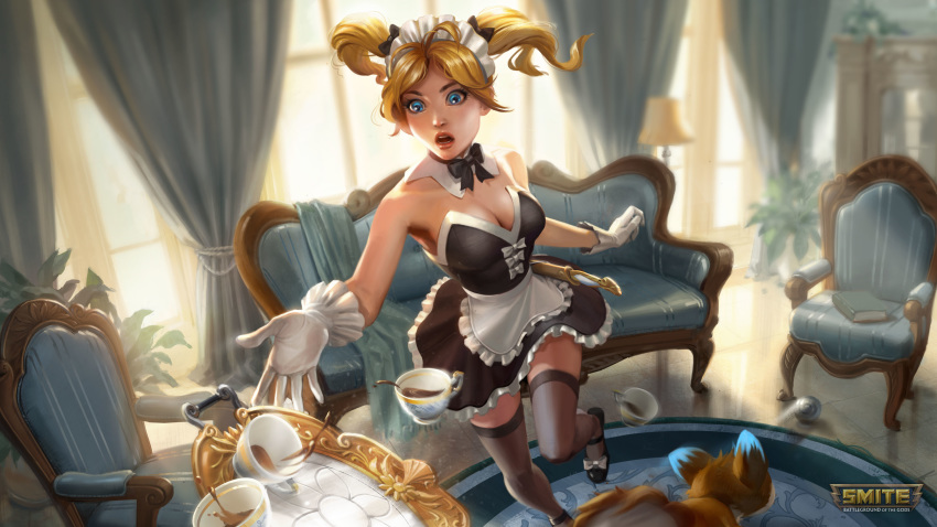 absurdres alternate_costume alternate_hairstyle amaterasu_(smite) apron armchair ball bare_shoulders black_bow black_dress black_footwear black_legwear blonde_hair blue_eyes book bow bowtie breasts chair cleavage copyright_name couch cup curtains detached_collar dress falling frilled_dress frills gaston_aguilera gloves hair_bow highres indoors lips long_legs maid maid_apron maid_headdress medium_breasts open_mouth plant potted_plant ratatoskr_(smite) sheath sheathed shoes short_dress smite solo_focus strapless strapless_dress sword teacup thighhighs tray tripping twintails weapon white_apron white_bow white_gloves window zettai_ryouiki