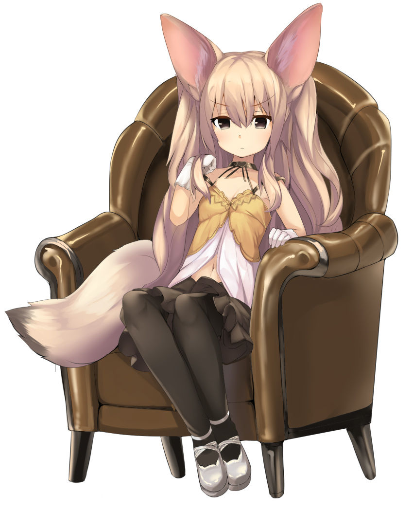 animal_ears black_eyes black_legwear breasts brown_hair cleavage commentary_request eyebrows_visible_through_hair feet_together fox_ears fox_tail gloves haik heart highres long_hair looking_at_viewer navel original pantyhose skirt small_breasts solo tail white_background white_footwear white_gloves