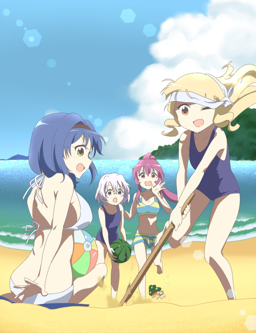 :o absurdres angry ball beach beachball bikini blindfold blonde_hair blue_eyes blue_hair breasts brown_eyes collarbone crab day fang food fruit furutani_himawari grey_hair hairband highres ikeda_chitose lens_flare medium_breasts multiple_girls ochadzuke one-piece_swimsuit oomuro_sakurako outdoors ponytail purple_eyes purple_hair sand sitting stick striped striped_bikini sugiura_ayano swimsuit towel water watermelon white_bikini white_blindfold yellow_eyes yuru_yuri