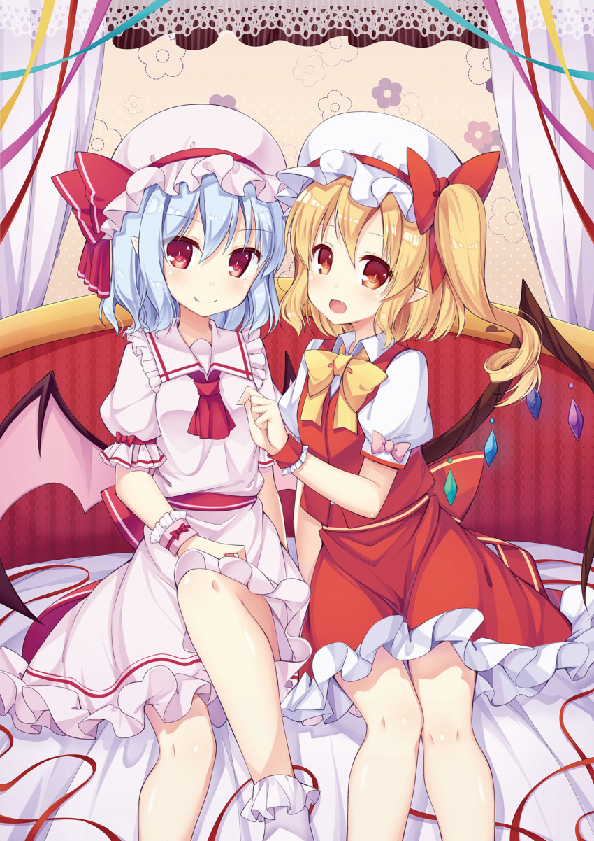 :d amemiya_ruki ascot bangs bat_wings blonde_hair blue_hair bobby_socks bow bowtie closed_mouth collared_shirt commentary_request crystal curtains dress eyebrows_visible_through_hair fang flandre_scarlet hair_between_eyes hair_bow hat hat_bow highres lace_border mob_cap multiple_girls one_side_up open_mouth pink_dress pink_hat pink_wings puffy_short_sleeves puffy_sleeves red_bow red_eyes red_neckwear red_skirt red_vest remilia_scarlet shirt short_sleeves siblings sisters sitting skirt skirt_set smile socks touhou vest white_hat white_legwear white_shirt wings wrist_cuffs yellow_neckwear
