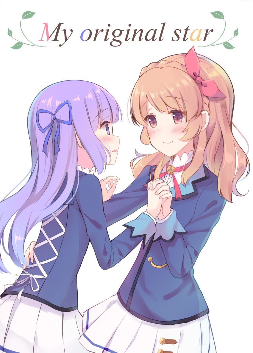 absurdres aikatsu! aikatsu!_(series) bangs blue_jacket blue_ribbon blush brown_eyes closed_mouth commentary_request eyebrows_visible_through_hair fingernails hair_ribbon hand_on_another's_waist highres hikami_sumire holding_hands interlocked_fingers jacket light_brown_hair looking_at_viewer makiaato multiple_girls nail_polish oozora_akari parted_lips pink_nails pleated_skirt purple_eyes purple_hair ribbon school_uniform shirt skirt smile starlight_academy_uniform white_background white_shirt white_skirt yuri