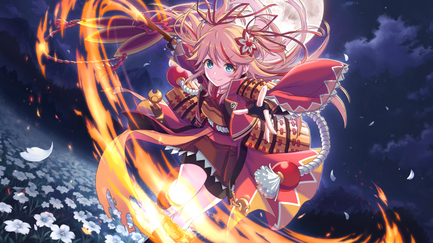 armor bike_shorts blonde_hair blue_eyes cygames fan field fire flower flower_field hair_ornament japanese_armor ninon_joubert official_art princess_connect! samurai