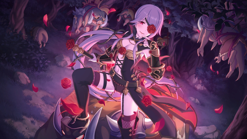 bound breasts cleavage cygames eyepatch flower hanging_from_tree high_heels long_hair medium_breasts official_art orc petals princess_connect! purple_hair red_eyes rose shorts sword thighhighs weapon yoigahama_mitsuki