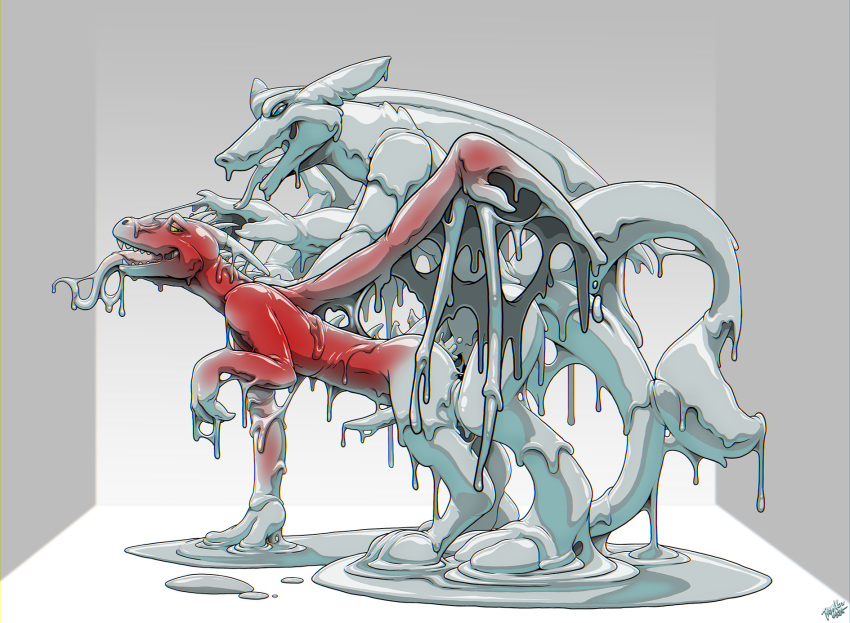 2017 anal anal_penetration anthro digital_drawing_(artwork) digital_media_(artwork) dragon duo fumi_(character) goo goo_creature goo_transformation hi_res kartonis liquid_latex long_tail male male/male open_mouth penetration penis rip_k scalie sex shiny simple_background teeth tongue tongue_out