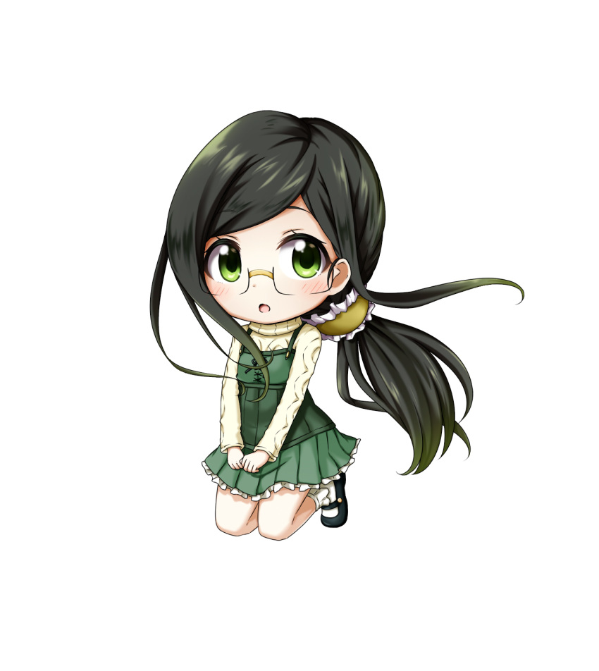 :o aran_sweater bangs black_footwear blush bobby_socks chibi dress eyebrows_visible_through_hair glasses green_dress green_eyes green_hair highres kuena long_hair long_sleeves looking_at_viewer low_ponytail mary_janes parted_lips pleated_dress ponytail ryuuou_no_oshigoto! sadatou_ayano shoes simple_background sleeveless sleeveless_dress socks solo sweater very_long_hair white_background white_legwear white_sweater