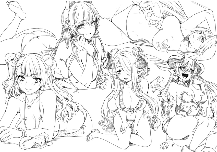 angelo_(gomahangetsu) animal_ears arm_up ass astaroth_(shinrabanshou) asymmetrical_hair atago_(azur_lane) azur_lane bangs bare_shoulders barefoot bikini black_sclera bracelet braid breasts butt_crack cleavage collarbone demon_girl demon_horns demon_wings double_bun draph earrings fang flower galko granblue_fantasy hair_flower hair_ornament hair_over_one_eye hair_ribbon hairclip heart heart_earrings heart_necklace hips horns jewelry kneeling large_breasts legs lineart long_hair low_tied_hair lying metroid metroid_(creature) mole mole_under_eye mole_under_mouth multiple_girls narmaya_(granblue_fantasy) navel necklace on_side on_stomach one_side_up open_mouth oshiete!_galko-chan parted_lips pointy_ears ribbon samus_aran side_bun sidelocks single_braid sitting smile swept_bangs swimsuit the_pose thighs wings