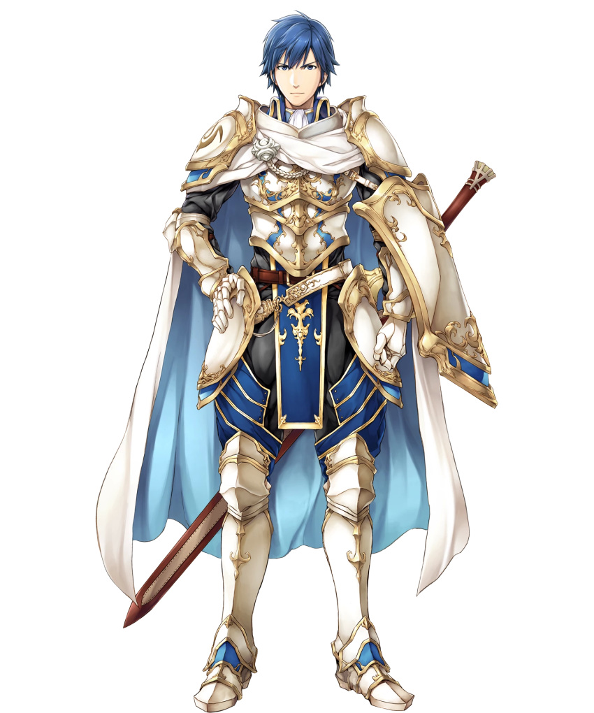 armor armored_boots bangs belt blue_eyes blue_hair boots breastplate cape faulds fire_emblem fire_emblem:_kakusei fire_emblem_heroes full_body gauntlets hand_on_hip highres krom long_sleeves looking_at_viewer male_focus official_art pant pelvic_curtain serious sheath sheathed shield short_hair shoulder_armor shoulder_pads solo standing sword transparent_background weapon white_cape yamada_koutarou