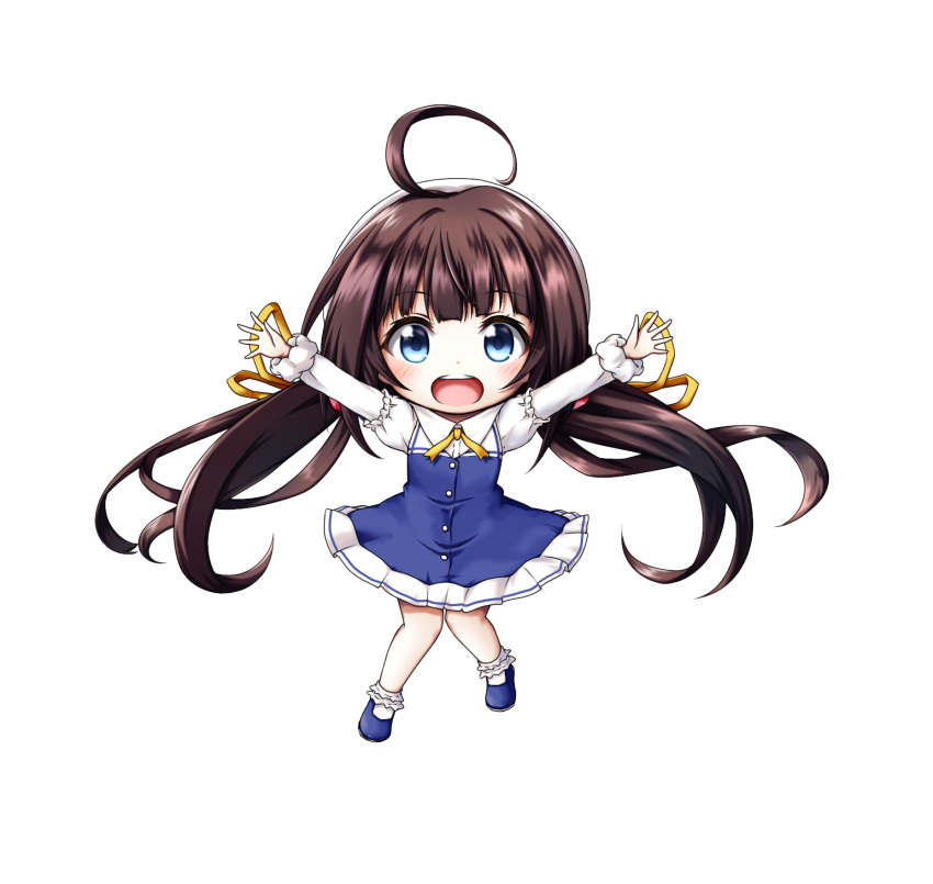 :d ahoge arms_up bangs blue_dress blue_eyes blue_footwear blush bobby_socks brown_hair chibi dress eyebrows_visible_through_hair highres hinatsuru_ai kuena long_hair long_sleeves looking_at_viewer low_twintails no_hat no_headwear open_mouth outstretched_arms puffy_short_sleeves puffy_sleeves ryuuou_no_oshigoto! school_uniform shoes short_over_long_sleeves short_sleeves simple_background smile socks solo spread_arms twintails upper_teeth very_long_hair white_background white_legwear