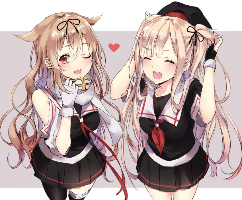 :d ;d alternate_hairstyle asymmetrical_clothes black_ribbon black_serafuku black_skirt blonde_hair blush closed_eyes commentary cosplay costume_switch fingerless_gloves gloves hair_flaps hair_ribbon hairstyle_switch hat heart heart_print highres kantai_collection kona_(mmmkona) light_brown_hair long_hair looking_at_viewer multiple_girls murasame_(kantai_collection) murasame_(kantai_collection)_(cosplay) neckerchief one_eye_closed open_mouth pleated_skirt red_eyes remodel_(kantai_collection) ribbon scarf school_uniform serafuku skirt smile two-tone_background two_side_up white_gloves white_scarf yuudachi_(kantai_collection) yuudachi_(kantai_collection)_(cosplay)
