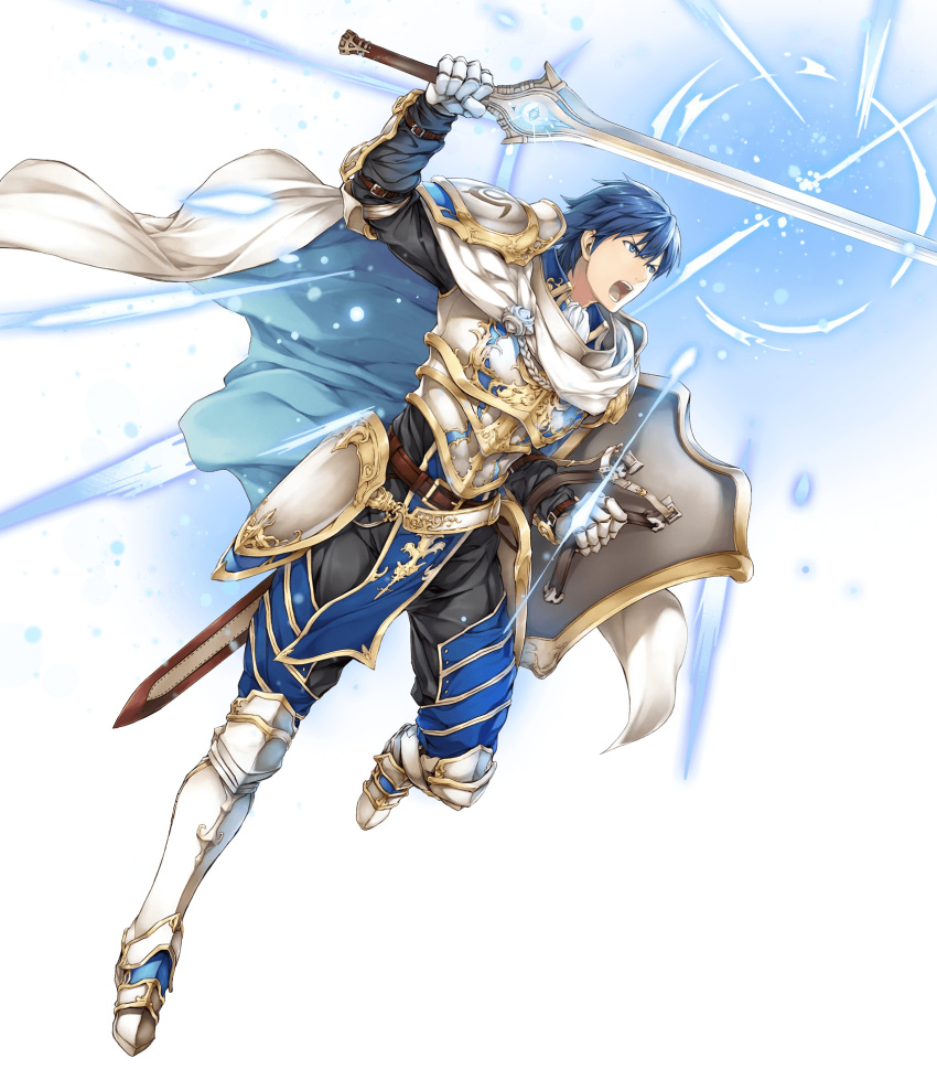 armor armored_boots bangs belt blue_eyes blue_hair boots breastplate cape faulds fire_emblem fire_emblem:_kakusei fire_emblem_heroes full_body gauntlets glowing glowing_weapon highres holding holding_sword holding_weapon krom long_sleeves male_focus official_art open_mouth pant pelvic_curtain serious sheath shield short_hair shoulder_armor shoulder_pads solo sword transparent_background weapon white_cape yamada_koutarou