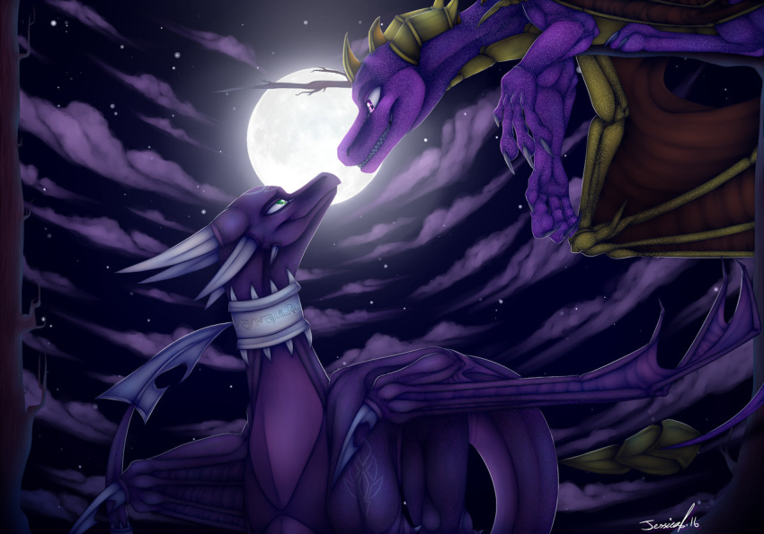 cynder cynder18 detailed_background digital_media_(artwork) dragon duo feral horn membranous_wings moon night outside scalie sky spines spyro spyro_the_dragon star starry_sky video_games western_dragon wings