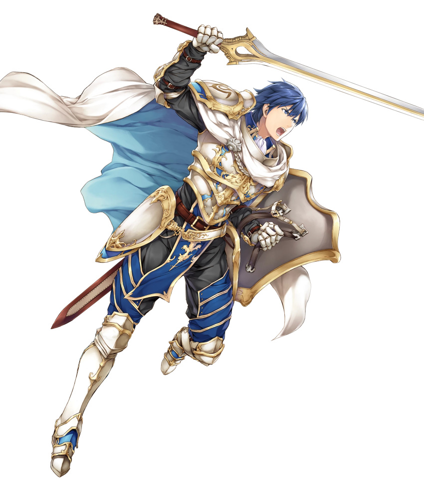 armor armored_boots bangs belt blue_eyes blue_hair boots breastplate cape falchion_(fire_emblem) faulds fire_emblem fire_emblem:_kakusei fire_emblem_heroes full_body gauntlets highres holding holding_sword holding_weapon krom long_sleeves looking_away male_focus official_art open_mouth pant pants pelvic_curtain serious sheath shield short_hair shoulder_armor shoulder_pads solo sword transparent_background weapon white_cape yamada_koutarou