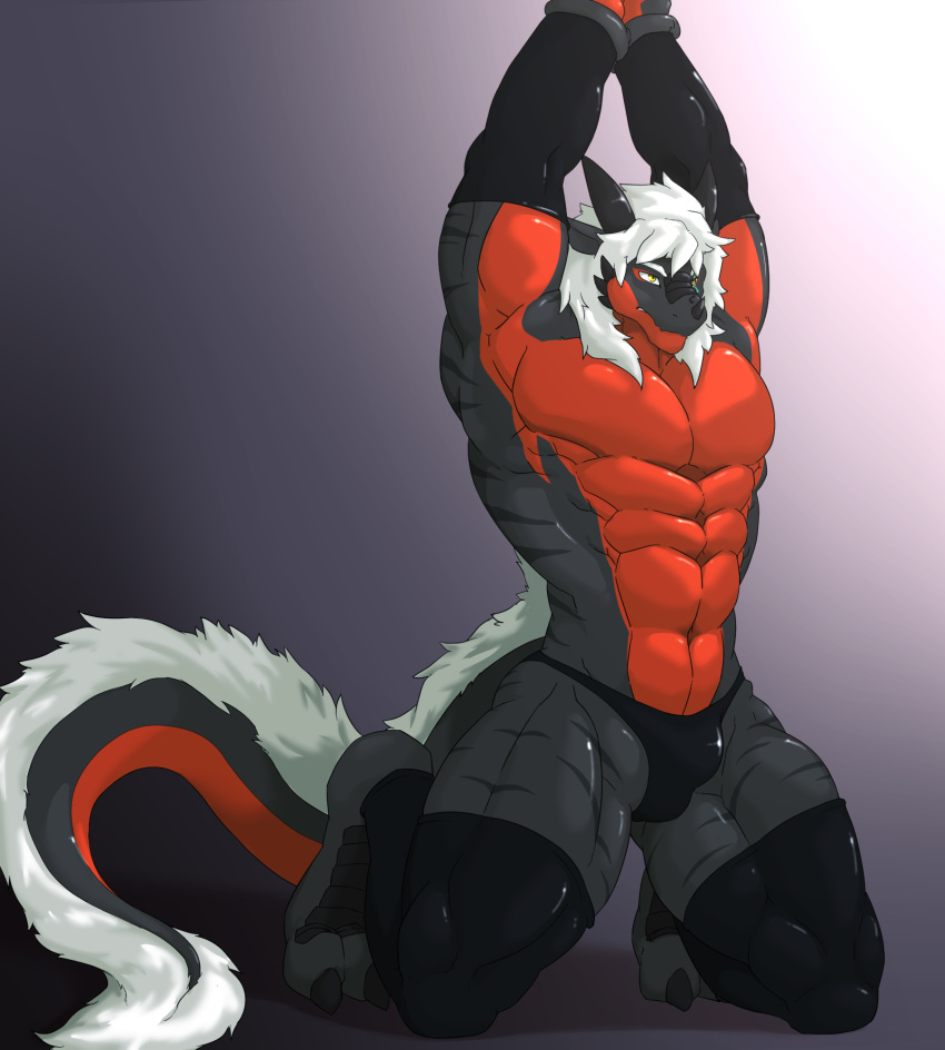 anthro bdsm bondage bound bulge clothed clothing croiyan crossdressing dragon hair hands_above_head kneeling male muscular muscular_male rubber solo thick_thighs underwear