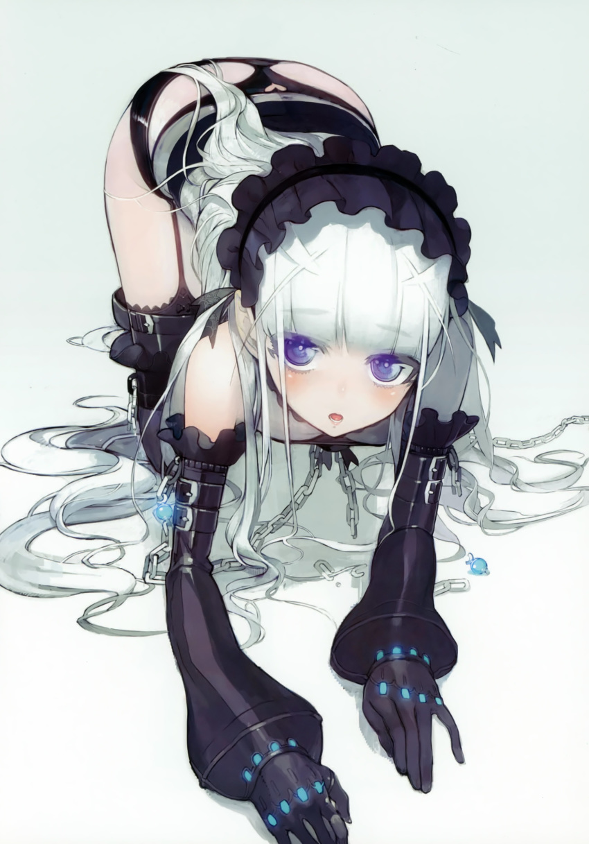 absurdres all_fours black_gloves black_legwear black_panties blue_eyes breasts broken broken_chain chaika_trabant chain cleavage detached_sleeves eyebrows_visible_through_hair full_body garter_straps gloves gradient gradient_background grey_background highres hitsugi_no_chaika long_hair looking_at_viewer namaniku_atk open_mouth panties silver_hair small_breasts solo thighhighs underwear very_long_hair