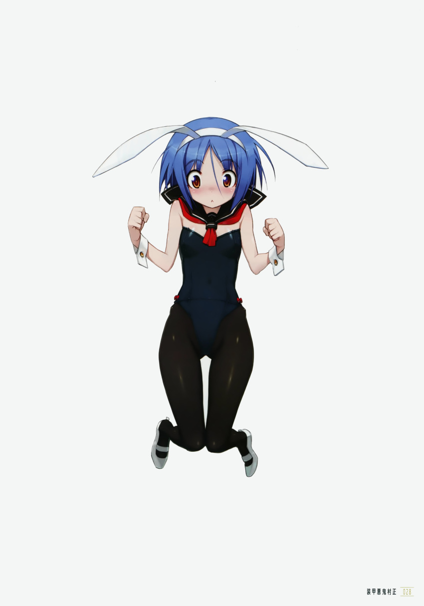 :&lt; absurdres animal_ears ayane_ichijou black_legwear blue_hair blue_leotard blush breasts bunny_ears bunny_girl bunnysuit closed_mouth eyebrows_visible_through_hair fake_animal_ears hairband highres leotard looking_at_viewer namaniku_atk orange_eyes pantyhose sailor_collar scan short_hair small_breasts soukou_akki_muramasa strapless strapless_leotard white_background white_hairband wrist_cuffs