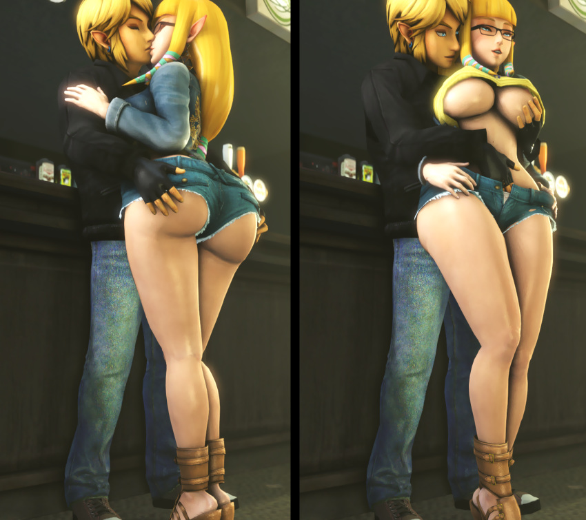 1girl 3d alternate_costume alternate_universe areola_slip areolae ass_grab blonde_hair blue_eyes breast_grab glasses grabbing hetero high_heels highres jujala kiss link princess_zelda public shorts the_legend_of_zelda the_legend_of_zelda:_skyward_sword zelda_musou