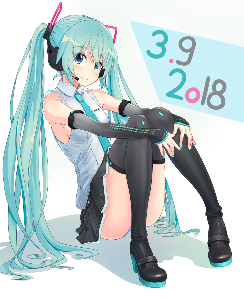 39 aqua_eyes aqua_hair bangs bibboss39 boots commentary_request dated detached_sleeves eyebrows_visible_through_hair hatsune_miku headset high_heels highres leg_hug long_hair looking_at_viewer nail_polish necktie pleated_skirt sitting skirt smile solo thigh_boots thighhighs twintails very_long_hair vocaloid white_background