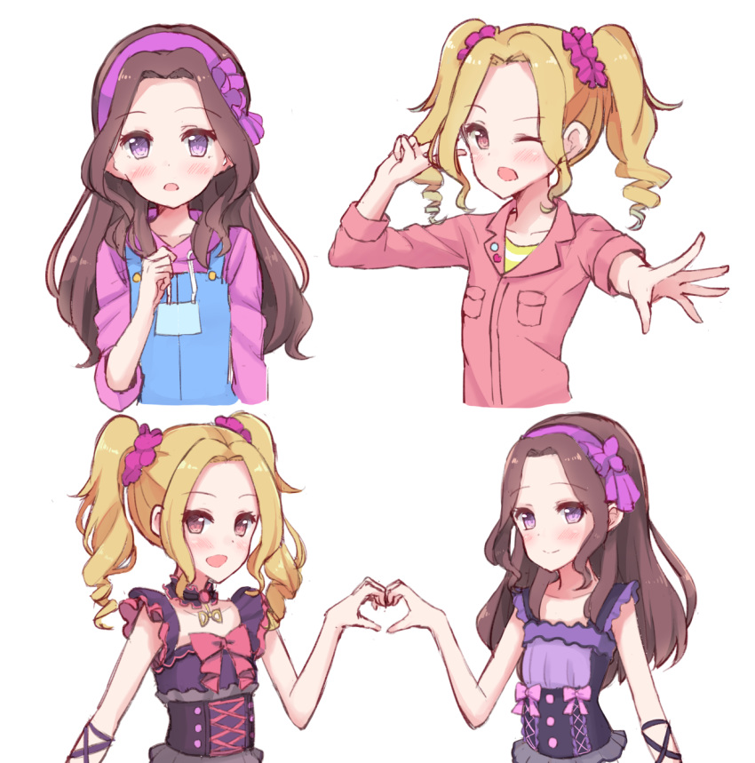 :d ;d aikatsu! aikatsu!_(series) bangs bare_arms bare_shoulders black_dress blonde_hair blush breast_pocket brown_eyes brown_hair closed_mouth collarbone cropped_torso daichi_nono drawstring dress eyebrows_visible_through_hair forehead hair_ornament hair_scrunchie hairband heart heart_hands heart_hands_duo highres hood hood_down hoodie jacket long_hair long_sleeves looking_at_viewer makiaato multiple_girls multiple_views one_eye_closed open_mouth outstretched_arm overalls parted_bangs pink_jacket pocket purple_dress purple_eyes purple_hairband purple_hoodie purple_scrunchie ringlets scrunchie shirakaba_risa shirt simple_background sleeveless sleeveless_dress smile striped striped_shirt twintails v white_background