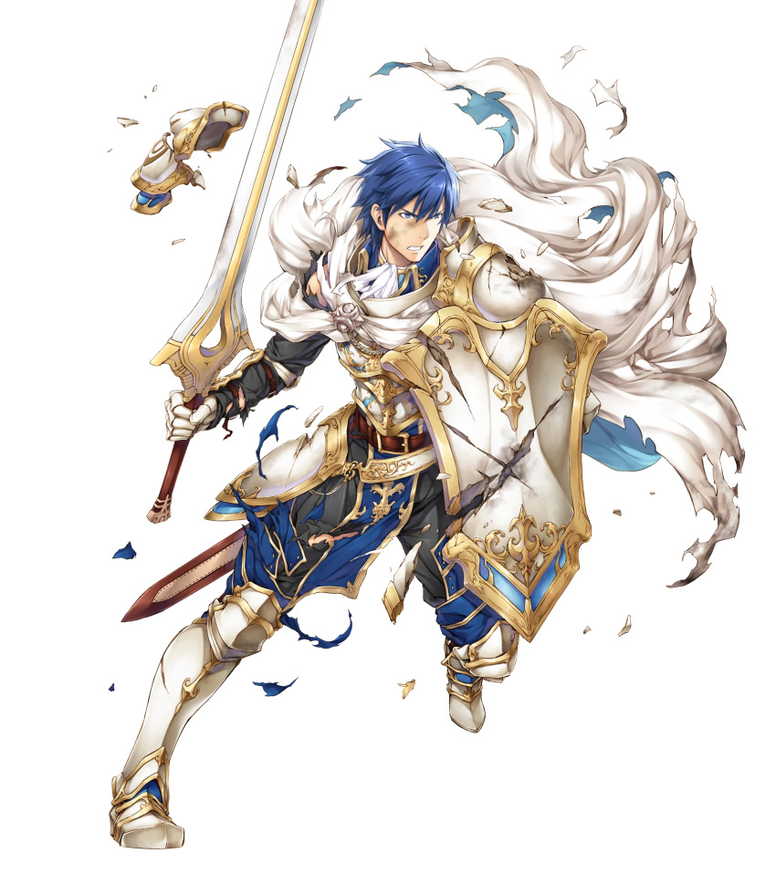 armor armored_boots blue_eyes blue_hair boots breastplate broken_armor broken_shield cape dirty_face faulds fire_emblem fire_emblem:_kakusei fire_emblem_heroes full_body highres holding holding_sword holding_weapon krom long_sleeves looking_away male_focus official_art pants parted_lips sheath shield short_hair solo sword torn_cape torn_clothes transparent_background weapon white_cape yamada_koutarou