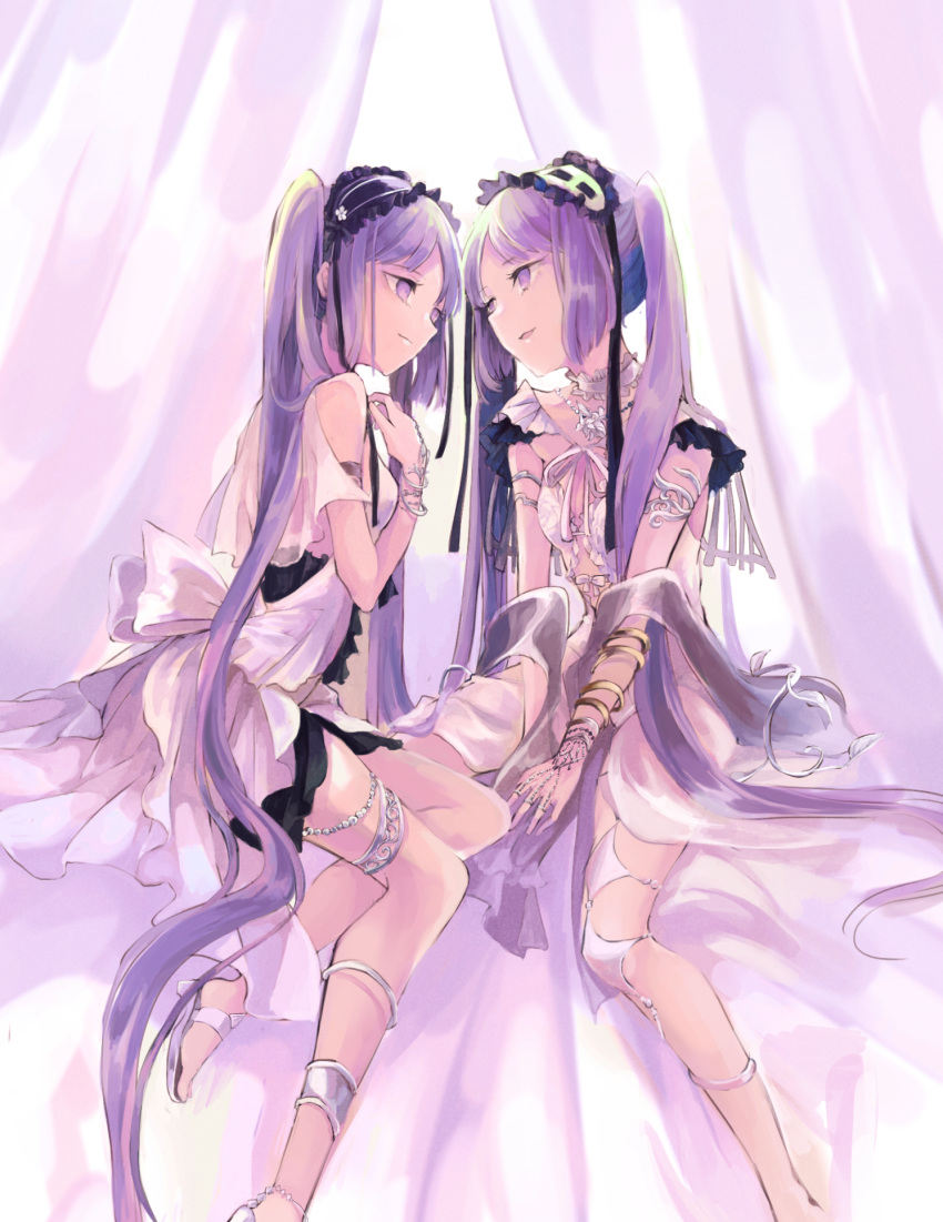 absurdly_long_hair armlet bracelet choker dress euryale fate/grand_order fate/hollow_ataraxia fate_(series) hairband highres jewelry long_hair mitu-yuki multiple_girls on_bed open_mouth purple_eyes purple_hair ring sitting sitting_on_bed stheno twintails very_long_hair
