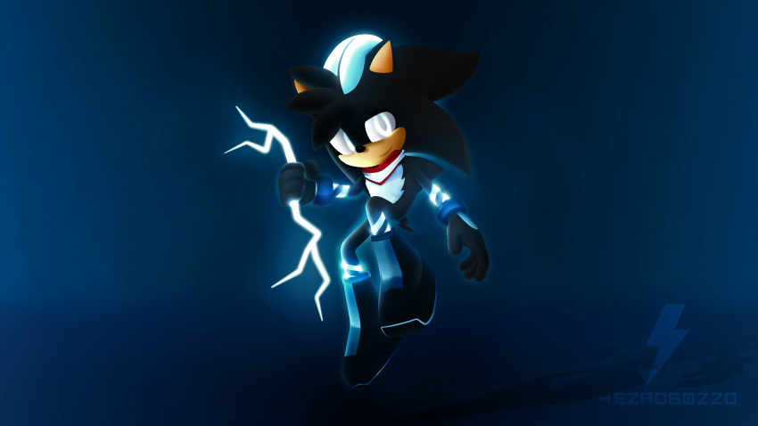 3d_model electricity glowing glowing_eyes glowing_markings lighting male markings red_scarf shaded silver_eyes solo sonic_(series) teslarossa