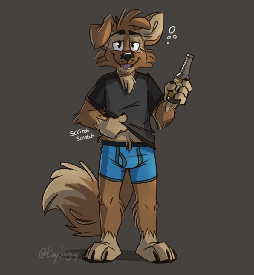 barefoot beer_bottle black_shirt blue_underwear boxer_briefs canine clothing dog drunk english_text male mammal matt_riskely shirt sound_effects t-shirt text tinydeerguy underwear