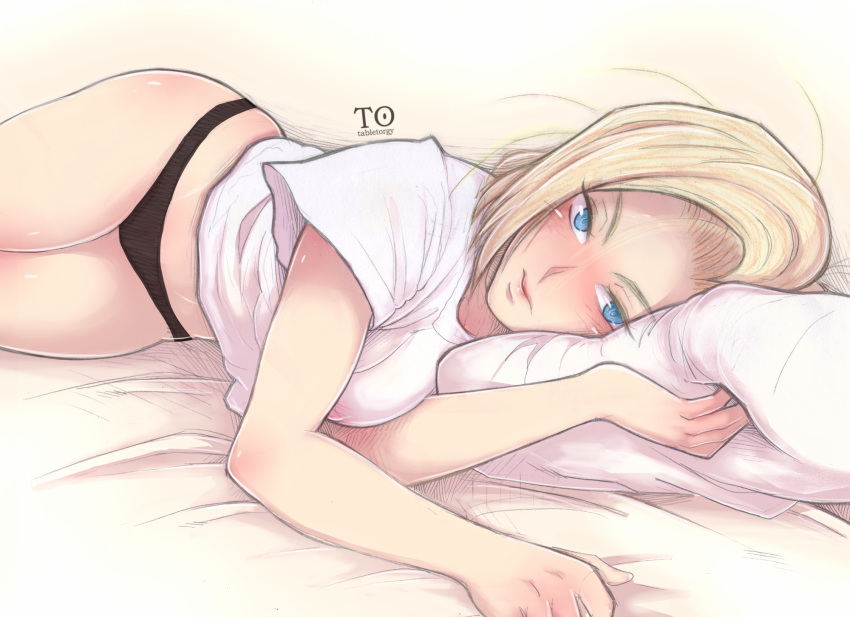 android_18 antiheld artist_name bed black_panties blonde_hair blue_eyes commentary covered_nipples dragon_ball dragon_ball_z highres looking_at_viewer lying on_side panties pillow revision shirt simple_background solo underwear white_shirt