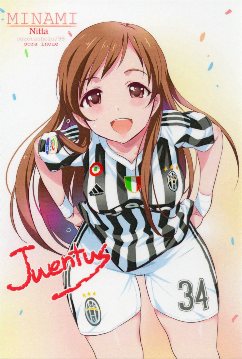 adidas artist_name brown_eyes brown_hair character_name highres idolmaster idolmaster_cinderella_girls inoue_sora italian_flag italy juventus_fc leaning_forward long_hair looking_at_viewer nitta_minami non-web_source open_mouth scan serie_a short_sleeves smile soccer soccer_uniform solo sportswear striped text_focus vertical_stripes wristband