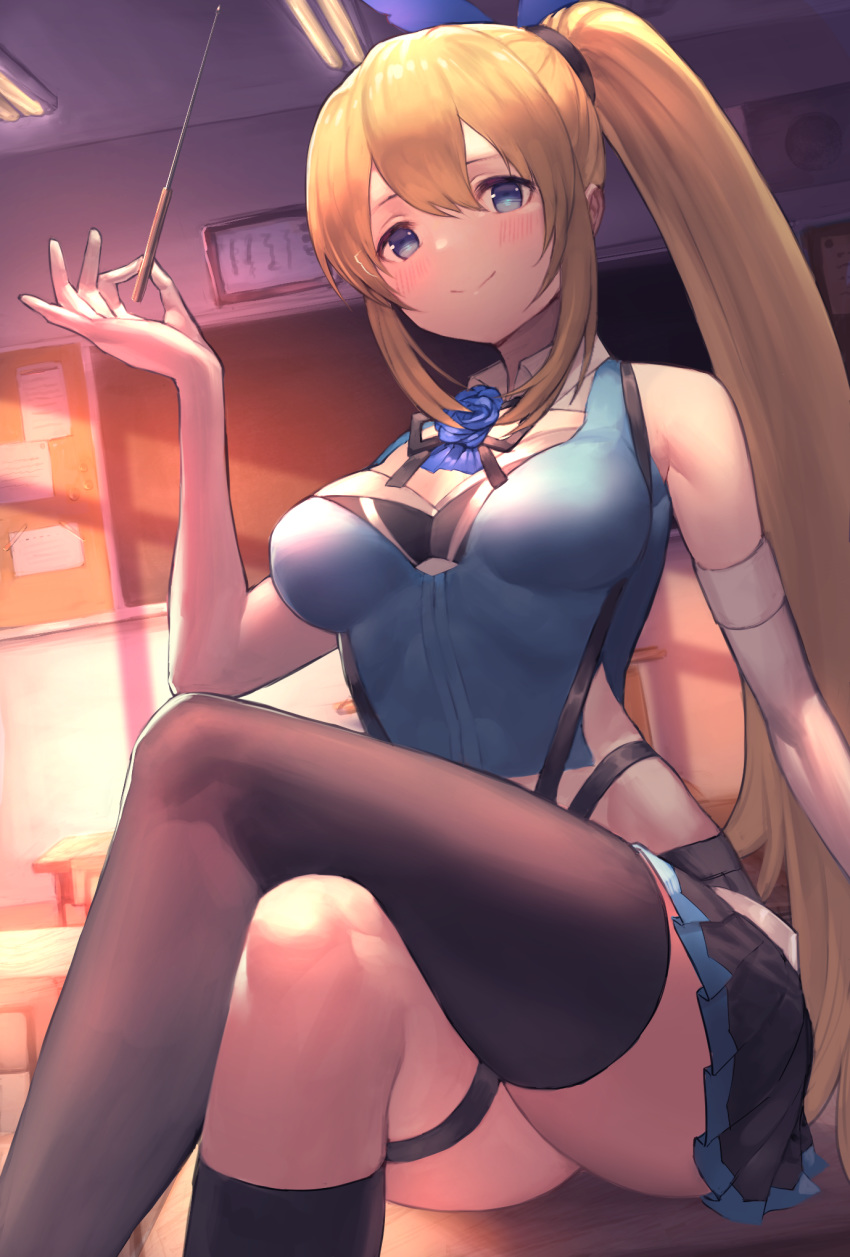 arm_at_side asymmetrical_legwear bangs bare_shoulders black_ribbon black_skirt blonde_hair blue_eyes blue_flower blue_ribbon blue_rose blue_vest breasts ceiling_light chalkboard classroom cleavage_cutout closed_mouth crossed_legs day desk elbow_gloves feet_out_of_frame flower gloves hair_ribbon highres hinako_(anzu15) holding indoors kneehighs long_hair looking_at_viewer medium_breasts mirai_akari mirai_akari_project on_table pleated_skirt pointer ribbon rose school_desk shiny shiny_hair side_ponytail single_kneehigh single_thighhigh sitting skirt smile solo speaker sunlight table thigh_strap thighhighs very_long_hair vest virtual_youtuber white_gloves wing_collar