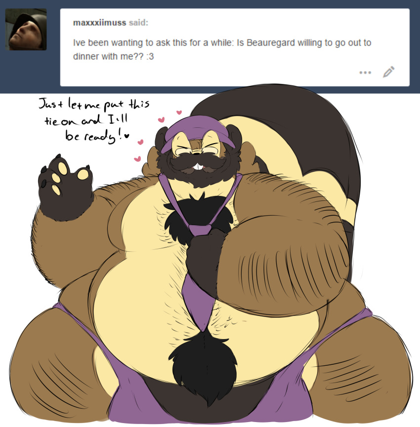 &lt;3 anthro beauregard_(rakashama) belly bibarel big_belly big_bulge body_hair bulge clothing dialogue eyes_closed eyewear facial_hair glasses hat hi_res male mammal mustache necktie nintendo obese overweight pok&eacute;mon pok&eacute;mon_(species) pok&eacute;morph rakashama rodent solo thong video_games wide_hips