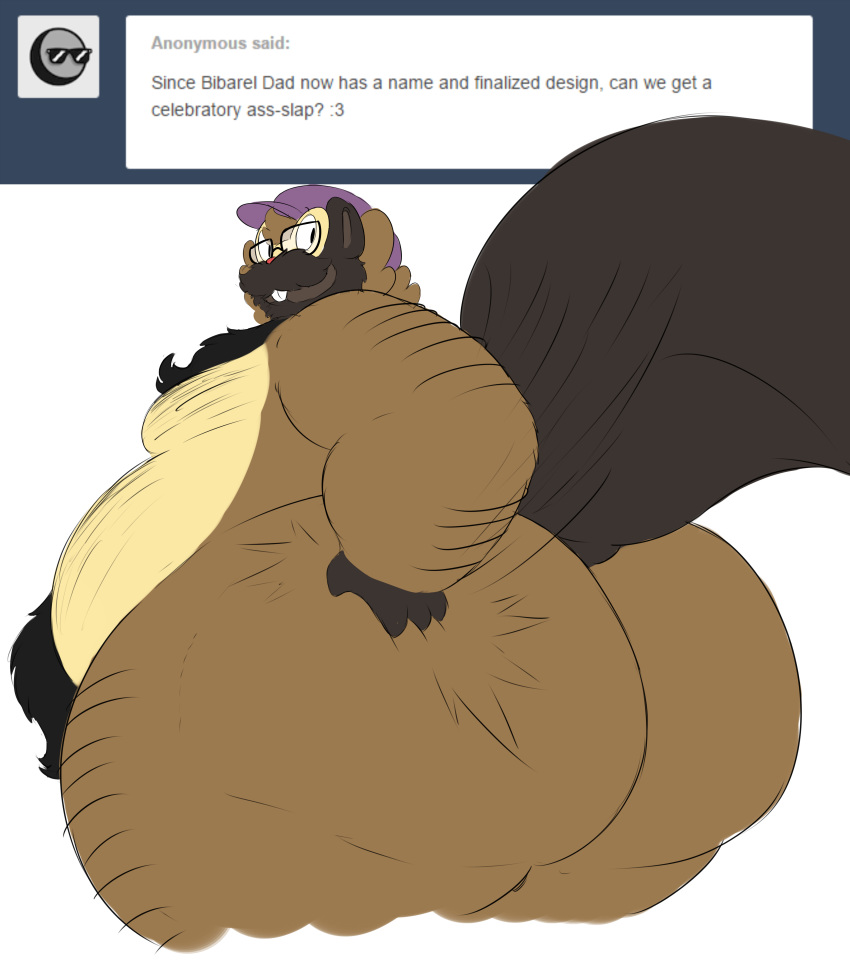 anthro beauregard_(rakashama) belly bibarel big_belly big_butt body_hair butt butt_slap eyewear facial_hair glasses hat hi_res huge_butt looking_back male mammal mustache nintendo obese overweight overweight_male pok&eacute;mon pok&eacute;mon_(species) pok&eacute;morph presenting rakashama rodent slap solo video_games wide_hips