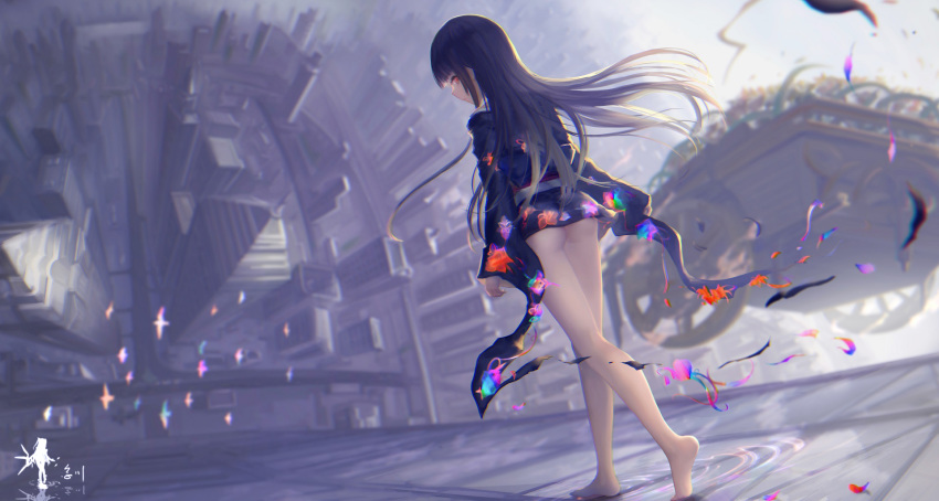 ass bangs bare_legs barefoot bird black_kimono blunt_bangs blurry blurry_background building closed_mouth day dutch_angle enma_ai expressionless floating_hair from_side full_body highres hime_cut japanese_clothes jigoku_shoujo kimono long_hair long_sleeves looking_at_viewer looking_to_the_side no_panties no_pants obi outdoors petals profile ripples sash short_kimono sideways_glance solo straight_hair walking walking_on_liquid wangchuan_de_quanyan water wide_sleeves wind
