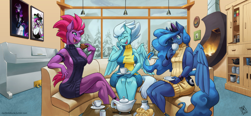 2018 anthro anthrofied beverage blue_eyes blue_feathers blue_hair breasts broken_horn clothed clothing crossed_legs cup digital_media_(artwork) drinking equine eye_scar eyes_closed feathered_wings feathers female fizzlepop_berrytwist_(mlp) fleetfoot_(mlp) food friendship_is_magic group hair holding_food holding_object horn inside kettle long_hair mammal my_little_pony my_little_pony_the_movie open_mouth pegasus pink_hair plate princess_celestia_(mlp) princess_luna_(mlp) rarity_(mlp) scar short_hair side_boob sitting small_breasts sofa sweater tea_cup tempest_shadow_(mlp) unicorn virgin_killer_sweater winged_unicorn wings winter wonderbolts_(mlp) zwitterkitsune