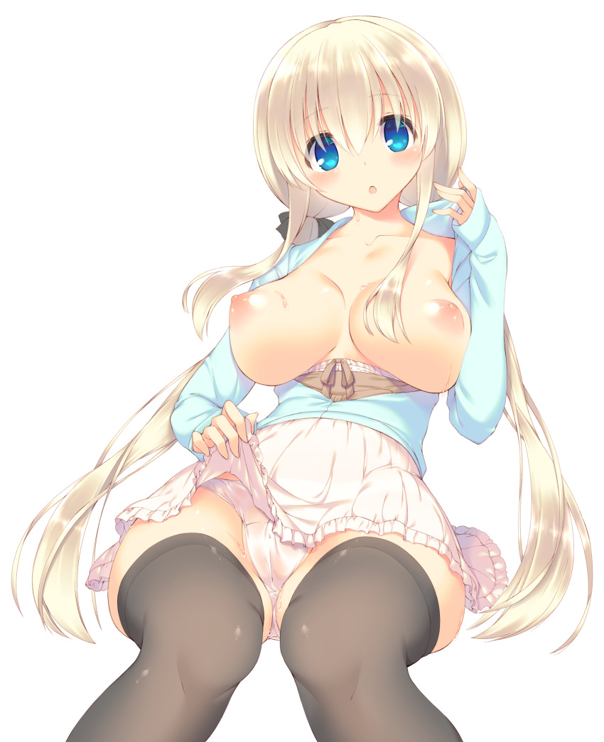 :o areolae bangs black_bow blonde_hair blue_eyes blush bow breasts breasts_apart breasts_outside brown_ribbon commentary_request cowboy_shot eyebrows_visible_through_hair fingernails flashing frilled_skirt frills green_shirt hair_between_eyes hair_bow hair_ornament hand_up high-waist_skirt highres large_breasts lifted_by_self long_fingernails long_hair looking_at_viewer low_twintails mutsuno_hekisa nipples no_bra open_clothes open_mouth open_shirt original panties puffy_nipples ribbon shiny shiny_skin shirt sidelocks simple_background sitting skirt skirt_lift sleeves_past_wrists solo sweat thighhighs thighs twintails underwear white_background white_panties white_skirt