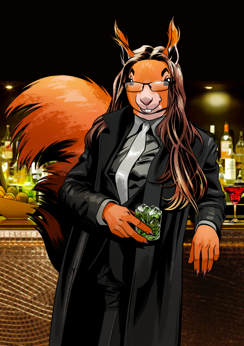 2018 5_fingers absurd_res alcohol anthro arm_support bar beverage big_tail billmund black_bottomwear black_claws black_clothing black_eyebrows black_eyes black_pants black_topwear bottle bowl brown_hair buckteeth claws clothed clothing cocktail counter detailed_background digital_media_(artwork) eyebrows eyewear food front_view fruit fruit_bowl fully_clothed fur glasses grey_clothing grey_shirt grey_topwear hair hi_res holding_glass holding_object inside leaning_on_elbow long_hair long_tail looking_at_viewer male mammal multicolored_fur necktie orange_fur orange_tail pants pink_nose portrait rodent shirt solo squirrel suit tan_fur teeth three-quarter_portrait trenchcoat two_tone_fur