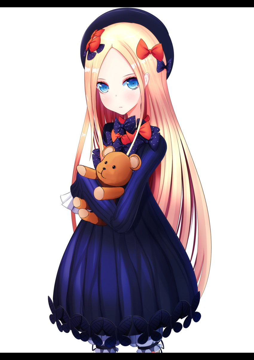 abigail_williams_(fate/grand_order) bad_id bad_pixiv_id bangs black_bow black_dress black_hat blonde_hair bloomers blue_eyes bow bug butterfly closed_mouth cowboy_shot dress fate/grand_order fate_(series) forehead hair_bow hat highres insect karana_(wisteria0413) letterboxed long_hair long_sleeves looking_at_viewer object_hug orange_bow parted_bangs polka_dot polka_dot_bow simple_background sleeves_past_fingers sleeves_past_wrists solo stuffed_animal stuffed_toy teddy_bear underwear very_long_hair white_background white_bloomers