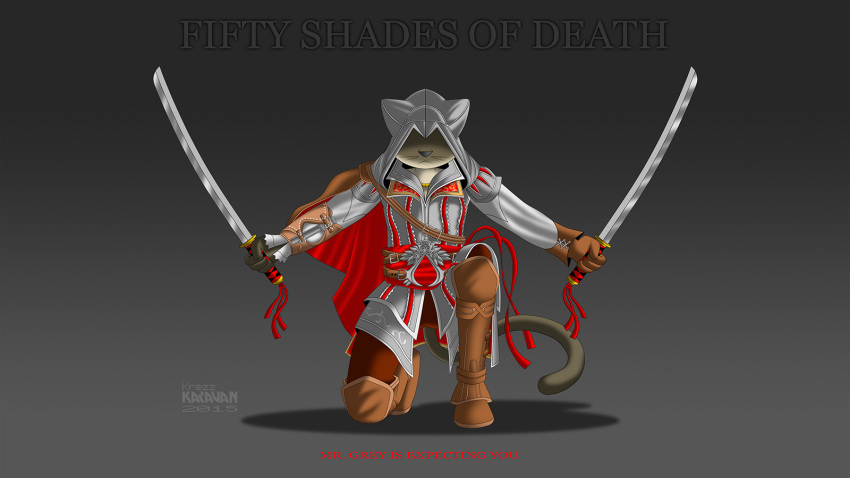 2015 4_fingers anthro assassin's_creed brown_bottomwear cat clothed clothing covered_eyes dual_wielding english_text ezio_auditore feline front_view full_portrait fully_clothed fur gradient_background grey_background grey_clothing grey_fur grey_topwear hidden_blade holding_object holding_weapon hood katana knee_boots kneeling krezz_karavan makogrey male mammal melee_weapon pants schooldays siamese simple_background solo spread_arms sword tan_footwear text video_games weapon whiskers white_clothing white_topwear