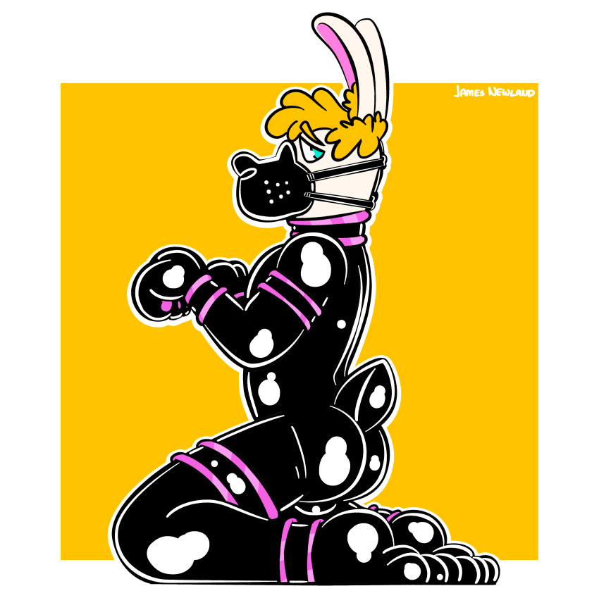 2018 absurd_res ankle_cuffs anthro bdsm blonde_hair bodysuit bulge clothed clothing collar digital_drawing_(artwork) digital_media_(artwork) fur green_eyes green_pupils hair harvey_(james_newland) hi_res james_newland kneeling lagomorph male mammal mask petplay puppyplay rabbit roleplay rubber shackles shiny simple_background skinsuit solo tight_clothing wrist_cuff