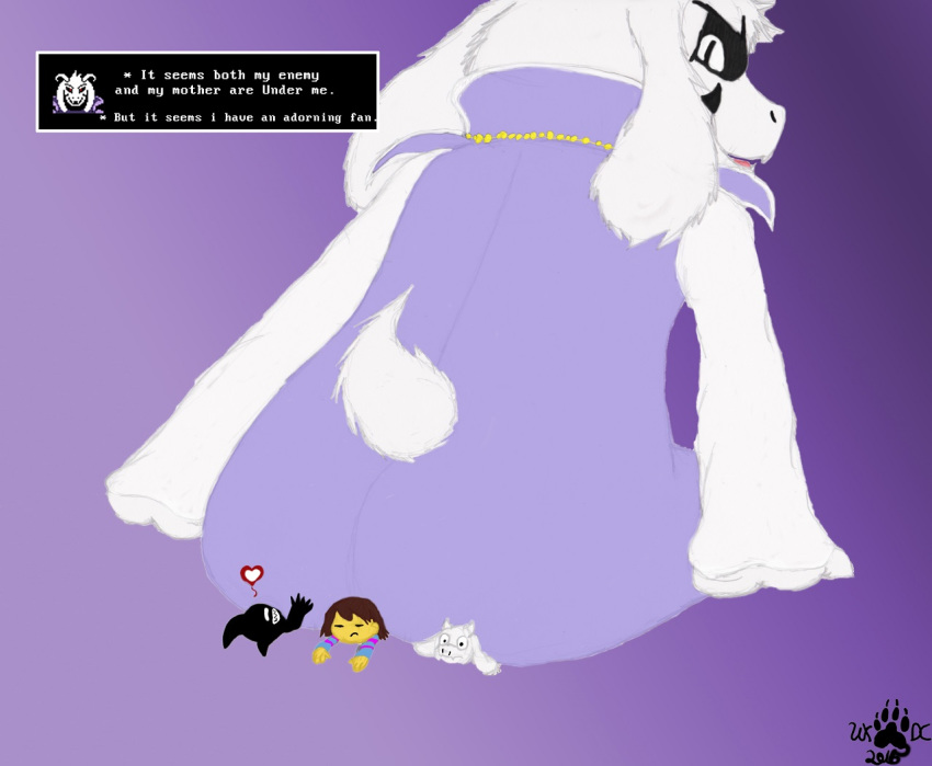 2016 anthro asriel_dreemurr_(god_form) black_sclera boss_monster butt butt_crush caprine clothed clothing female fur goat human larger_male looking_at_viewer macro male mammal micro protagonist_(undertale) simple_background sitting size_difference smaller_female smaller_male text toriel undertale video_games white_eyes white_fur wxdc