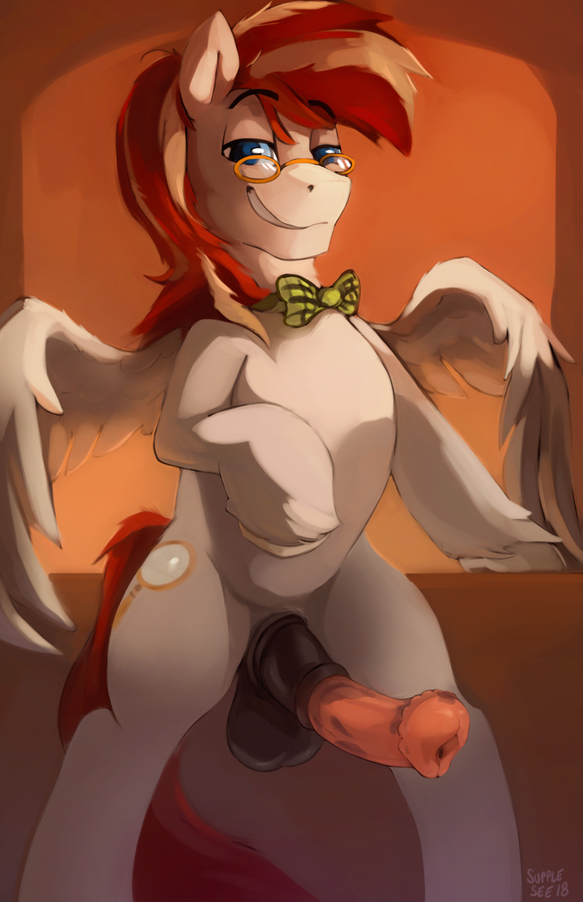 2018 anatomically_correct anatomically_correct_penis animal_genitalia animal_penis balls blue_eyes bow_tie cutie_mark equine equine_penis erection eyebrows eyebrows_visible_through_hair eyewear fan_character feathered_wings feathers feral flared_penis glasses grin hair hi_res hooves looking_at_viewer male mammal medial_ring mottled_penis multicolored_hair my_little_pony nude pegasus penis pose presenting presenting_penis sheath signature smile solo standing supplesee teeth two_tone_hair urethra white_feathers wings