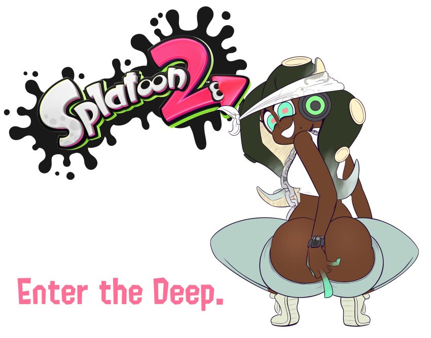 absurd_res butt dark_skin female hi_res humanoid looking_at_viewer looking_back marina_(splatoon) nintendo not_furry octoling ota_(artist) rear_view simple_background solo splatoon video_games white_background