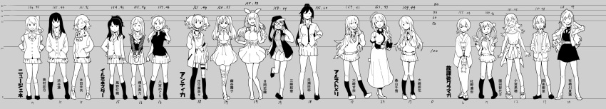 absurdres arisugawa_natsuha baseball_cap braid clothes_around_waist commentary doll dress everyone glasses greyscale hachimiya_meguru hat height_chart highres honda_mio idolmaster idolmaster_cinderella_girls idolmaster_shiny_colors jacket_around_waist japanese_clothes kazano_hiori kimono komiya_kaho kuwayama_chiyuki long_dress long_hair long_image looking_at_viewer medium_hair miniskirt mismatched_legwear mitsumine_yuika monochrome morino_rinze multiple_girls new_generations niku-name one_eye_closed oosaki_amana oosaki_tenka polo_shirt ponytail saijou_juri sakuragi_mano school_uniform shibuya_rin shimamura_uzuki shirase_sakuya short_hair skirt sonoda_chiyoko tanaka_mamimi tsukioka_kogane wide_image yuukoku_kiriko