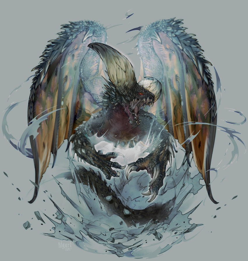 2018 ambiguous_gender digital_media_(artwork) kiguri membranous_wings nergigante open_mouth red_eyes simple_background solo spikes teeth tongue wings